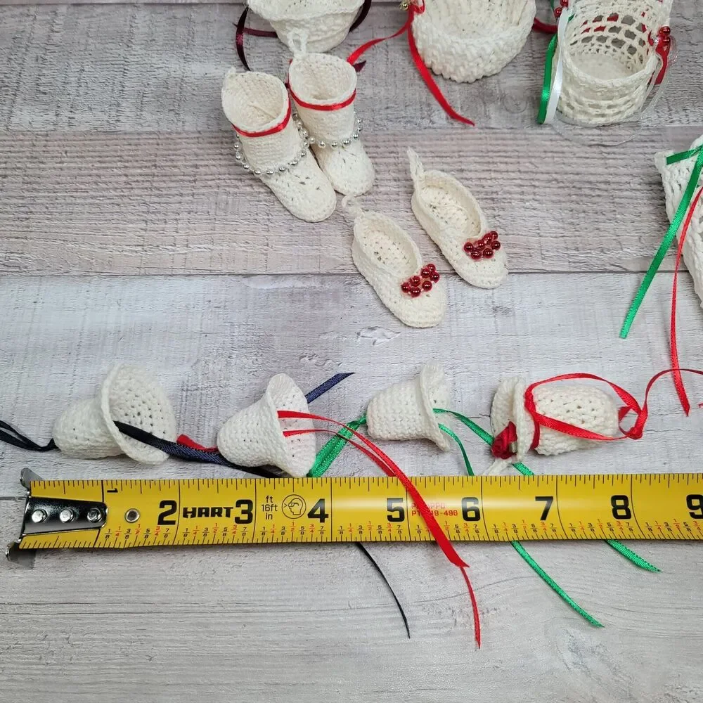 Vintage Crochet Christmas Ornaments Handmade Boho Bells Baskets Booties Slippers